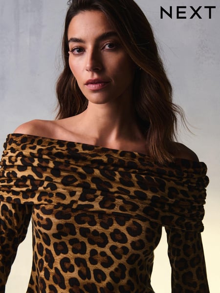 Leopard Print Ribbed Bardot Long Sleeve Top (N98504) | € 4