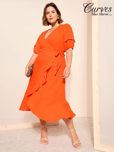 Curves Like These Orange Dobby Puff Sleeves Midi Wrap Dress (N99871) | € 37