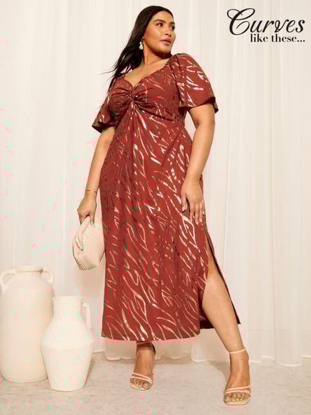 Curves Like These Brown Twist Front Flutter Sleeve Metallic Midi Dress (N99893) | € 37