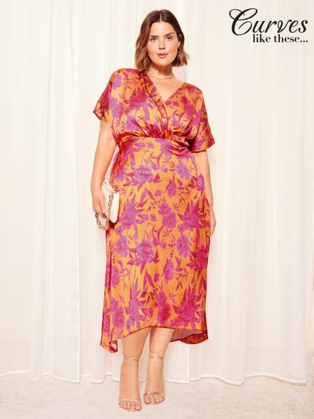 Curves Like These Orange Satin Short Sleeve Wrap Midi Dress (N99899) | € 32