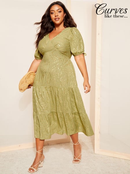 Curves Like These Khaki Green Printed Satin Puff Sleeve Midi Dress (N99941) | € 51