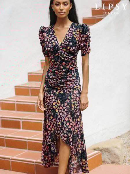 Lipsy Black Floral Ruched Front Maxi Dress (P38626) | € 34