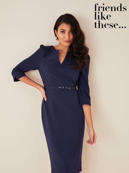 Friends Like These Navy Blue Short Sleeve Belted V Neck Tailored Midi Dress (P57349) | € 52