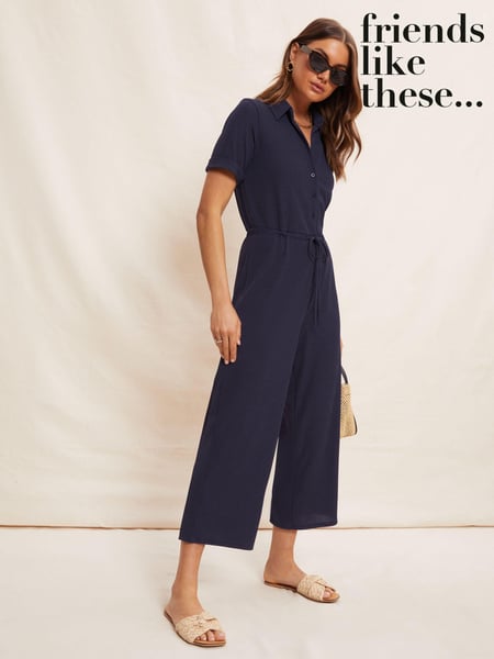 Friends Like These Navy Jersey Short Sleeve Button Up Wide Leg Jumpsuit (P67300) | € 69
