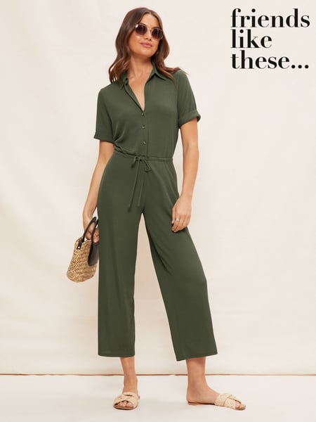 Friends Like These Khaki Green Jersey Short Sleeve Button Up Wide Leg Jumpsuit (P67301) | € 29