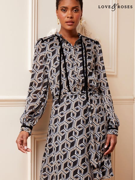 Love & Roses Black Geometric Long Sleeve Tie Neck Chiffon Mini Dress (P69894) | € 16