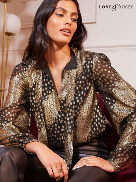 Love & Roses Black Metallic Long Sleeve Tie Neck Shirred Cuff Blouse (P73871) | € 11
