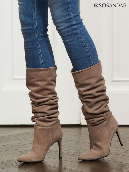 Sosandar Nude Suede Heeled Slouch High Leg Boot (P74477) | € 120