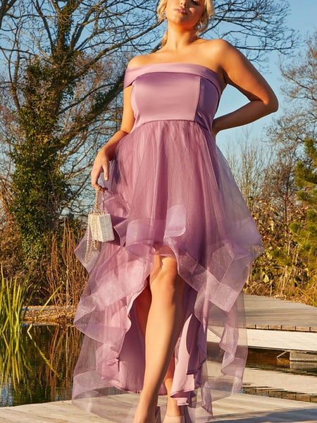 Chi Chi London Purple Plus Size One Shoulder Mesh Skirt Dip Hem Dress (P75630) | € 34