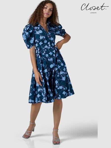 Closet Navy Blue Floral Print London Midi Dress (P81685) | € 97