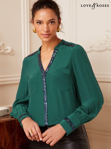 Love & Roses Green Sequin V Neck Long Sleeve Blouse (P82712) | € 11
