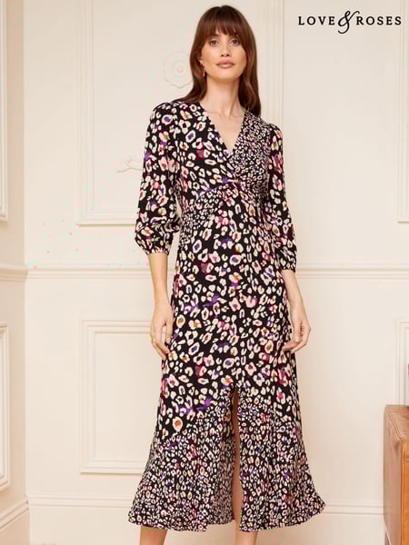 Love & Roses Black Animal V Neck Twist Front Long Sleeve Midi Dress (P88890) | € 22