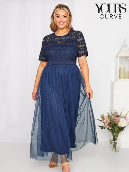 Yours Curve Blue Long Sleeve Sweetheart Lace Mesh Dress (P90191) | € 53