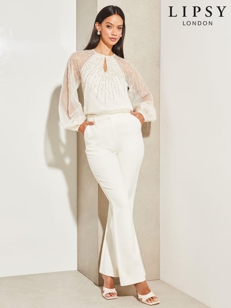 Lipsy Ivory White Long Sleeve Keyhole Sequin Detail Top (P93308) | € 39