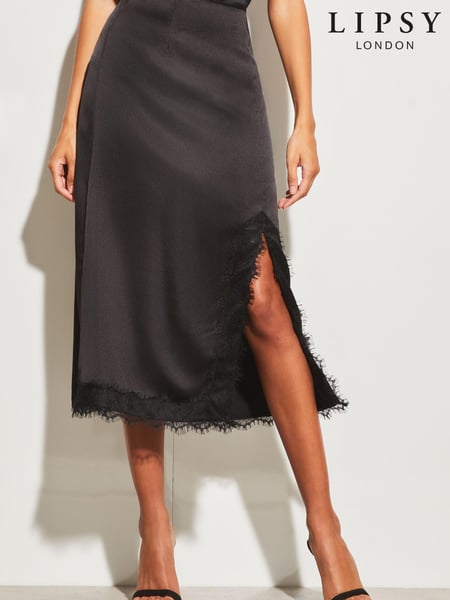 Lipsy Black Satin Bias Cut Midi Skirt with Lace Detailing (P98462) | € 11