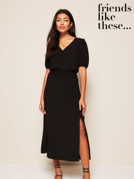 Friends Like These Black Puff Sleeve Ruched Waist V Neck Midi Dress (P99811) | € 29