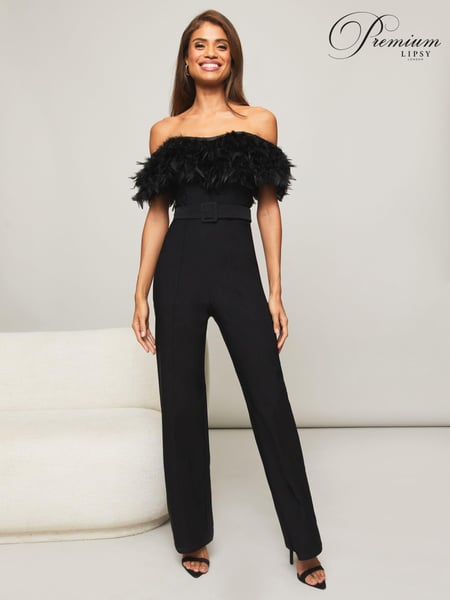 Lipsy Black Premium Feather Wide Leg Belted Jumpsuit (Q10740) | € 54