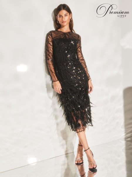 Lipsy Black Premium Long Sleeve Sequin Feather Dress (Q10837) | € 174