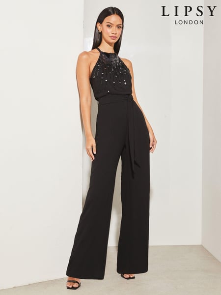 Lipsy Black Sequin Embellished Halter Wide Leg Jumpsuit (Q10959) | € 23