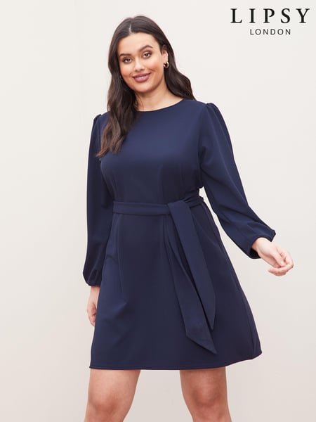 Lipsy Navy Curve Long Sleeve Round Neck Tie Waist Shift Dress (Q11560) | € 11