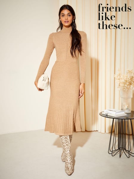 Friends Like These Camel High Neck Knitted Pleated Long Sleeve Midi Dress (Q11788) | € 15