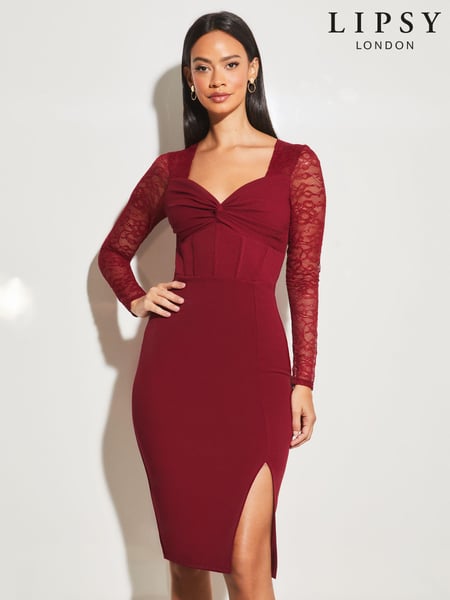 Lipsy Red Knotted Sweetheart Neck Lace Long Sleeve Corset Dress (Q12398) | € 21