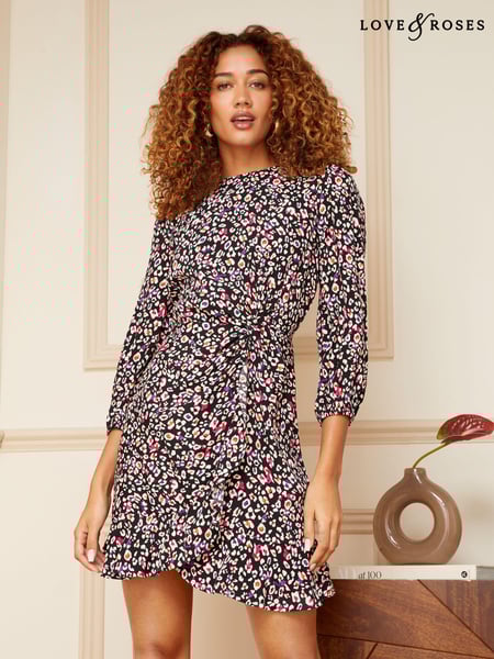 Love & Roses Black Animal Twist Front Round Neck 3/4 Sleeve Mini Dress (Q13011) | € 31