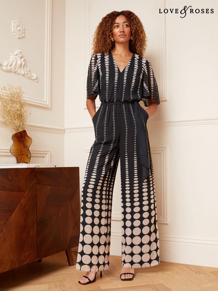 Love & Roses Black and White Tulip Seeve V Neck Printed Wide Leg Jumpsuit (Q24608) | € 23