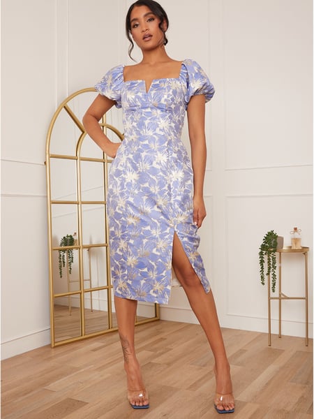 Chi Chi London Blue Short Puff Sleeve Jacquard Dress (Q25145) | € 79