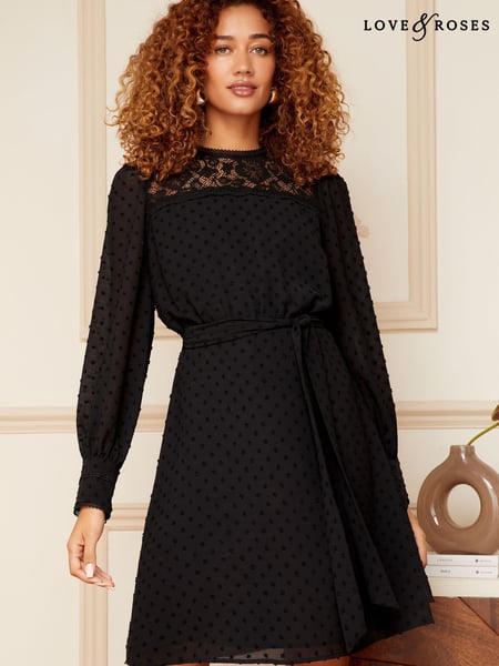 Love & Roses Black Lace Yoke Dobby Skater Dress (Q26676) | € 16