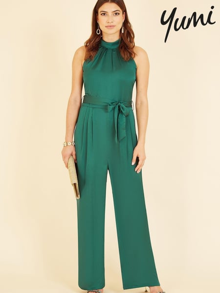 Yumi Emerald Green Satin Halterneck Jumpsuit With Pockets (Q30643) | € 37