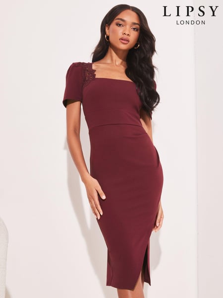 Lipsy Berry Red Lace Bodycon Square Neck Short Sleeve Midi Dress (Q34875) | € 21