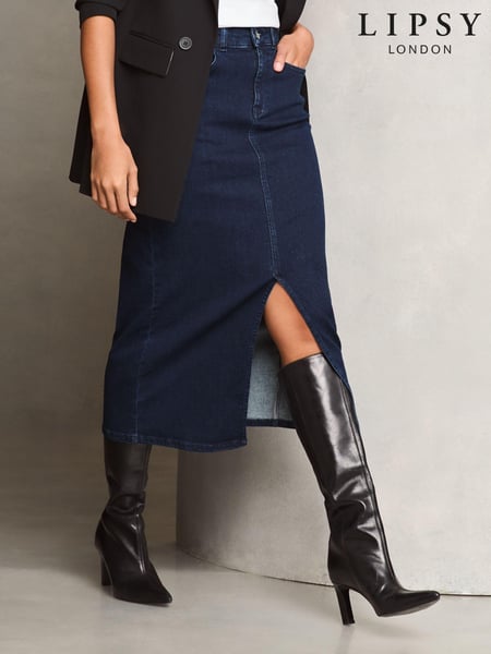 Lipsy Dark Blue Wash Denim High Rise Split Front Midi Skirt (Q37616) | € 42