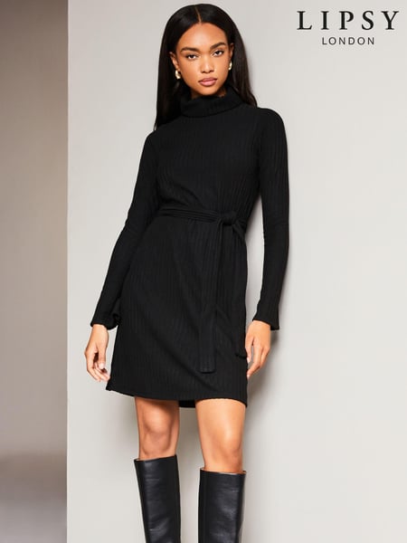 Lipsy Black Roll Neck Belted Shift Cosy Jumper Dress (Q38536) | € 11