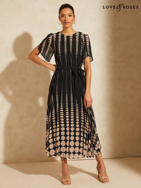 Love & Roses Black Spot Printed Tulip Sleeve Belted Pleated Midi Summer Dress (Q38676) | € 46