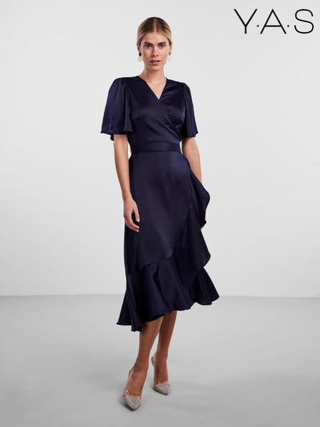 Y.A.S Navy Satin Short Sleeve Wrap & Ruffle Midi Occasion Dress (Q38728) | € 23