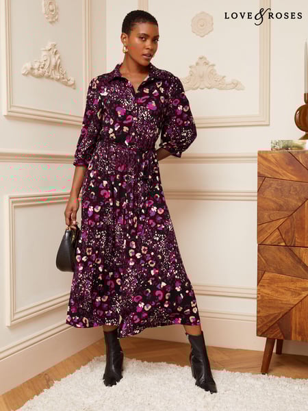 Love & Roses Purple Animal Jersey Pleated Belted Midi Summer Shirt Dress (Q41471) | € 15