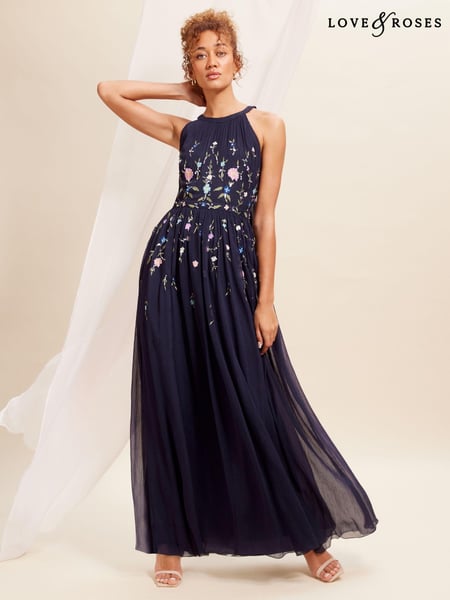 Love & Roses Navy Blue Embellished Chiffon Halter Maxi Dress (Q41694) | € 91