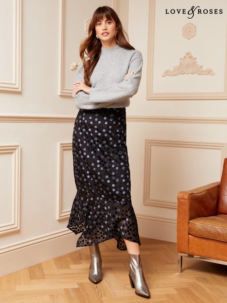 Love & Roses Black Flocked Devore Hanky Hem Velvet Midi Skirt (Q42070) | € 11