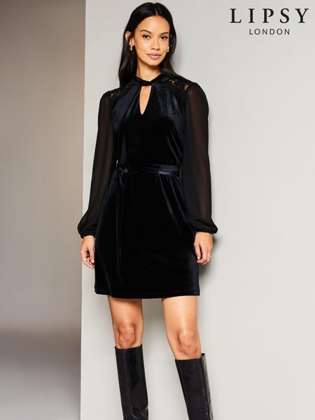 Lipsy Black Velvet Long Sleeve Keyhole Belted Mini Dress (Q42197) | € 14