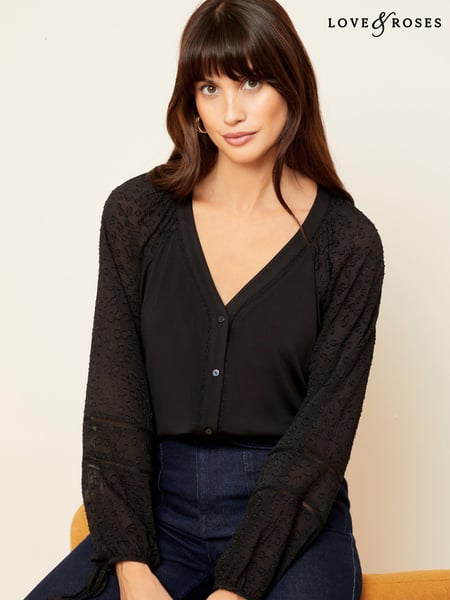 Love & Roses Black Tie Cuff Button Front Jersey Blouse (Q43377) | € 10