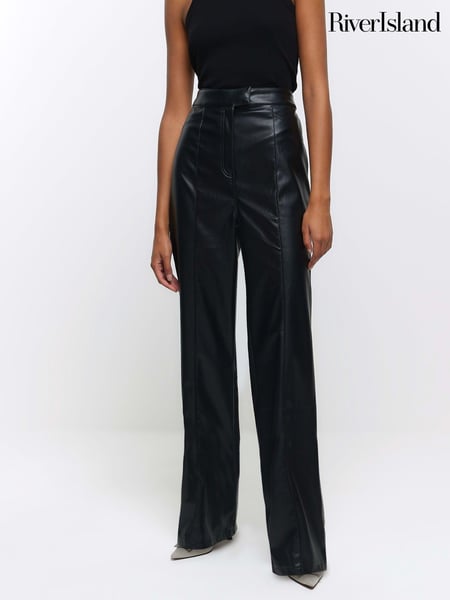River Island Black High Rise Straight Leg Coated Trousers (Q45796) | € 18