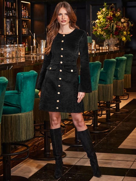 Sosandar Black Velvet Fit and Flare Dress With Button Pocket Detail (Q47057) | € 123