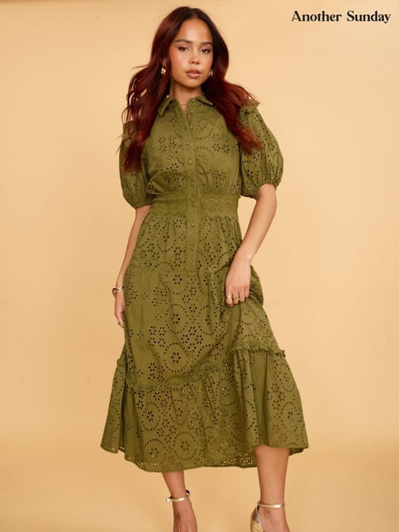Another Sunday Green Midi Shirt Dress With Puff Sleeves And Broderie Detail (Q49003) | € 51