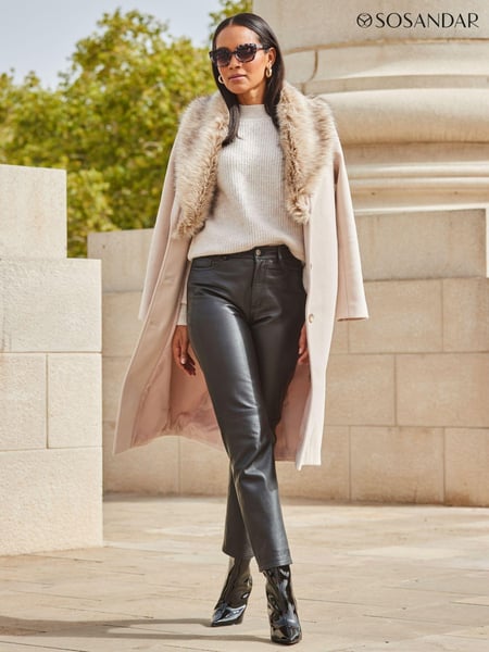 Sosandar Brown Longline Faux Fur Shawl Collar Coat (Q49060) | € 211