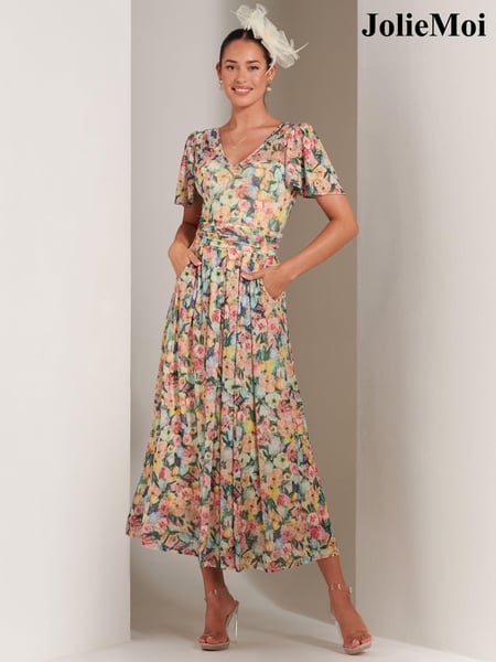 Jolie Moi Yellow Bianca V-Neck Pleated Mesh Maxi Dress (Q49540) | € 59
