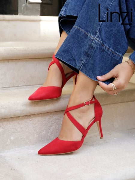 Linzi Red Runway Stiletto Court Heels With Crossover Front Strap (Q53126) | € 59