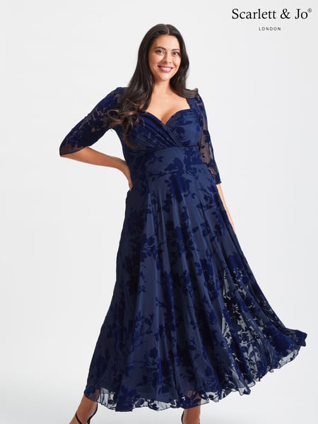 Scarlett & Jo Dark Blue Elizabeth Velvet Flocked Mesh Maxi Gown (Q53286) | € 172