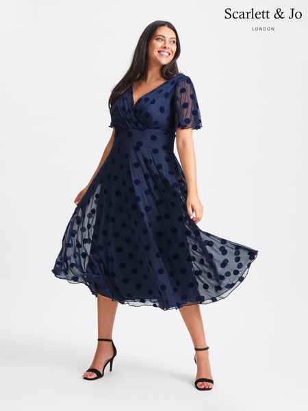 Scarlett & Jo Blue Victoria Flock Spot Angel Sleeve Mesh Midi long Dress (Q53564) | € 140