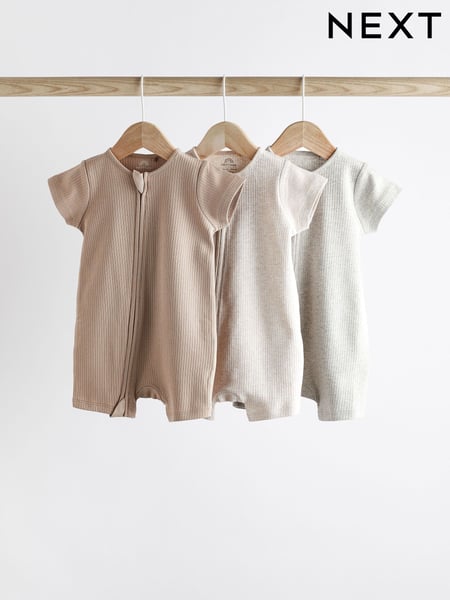 Neutral 3 Pack Two Way Zip Baby 100% Cotton Rompers (0mths-3yrs) (Q53627) | € 21 - € 24